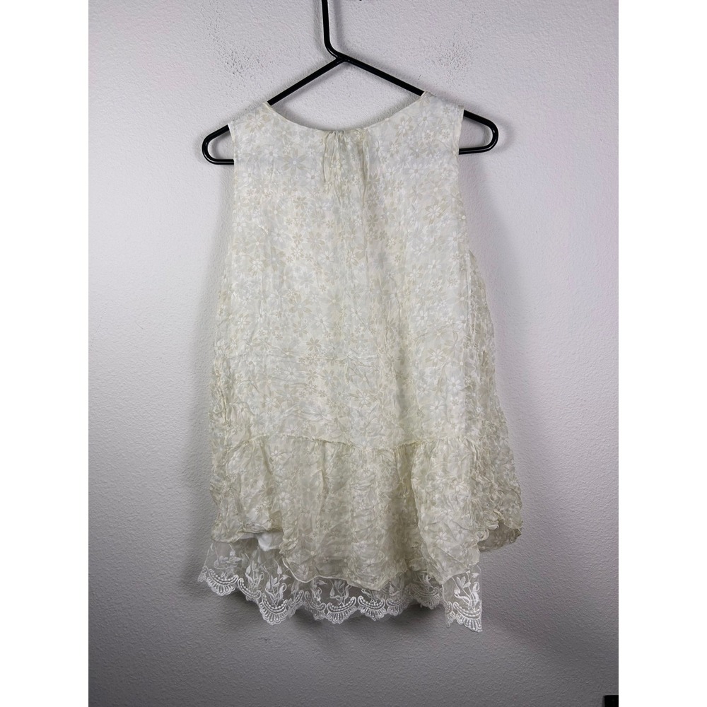 Via Signoria Italy Silk Floral Lace Trim Sleeveless Top Cream Large